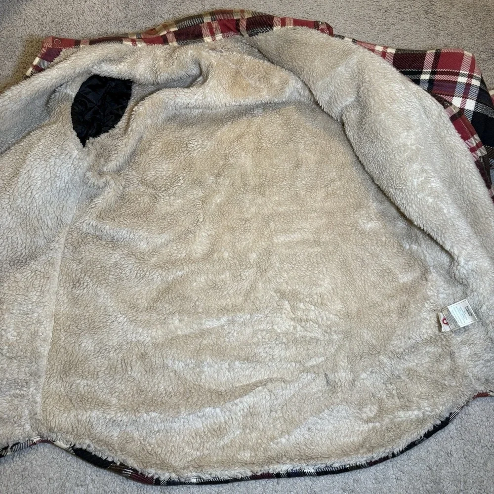 True Religion Sherpa Flannel Jacket Men L Red Blk Plaid Lined Shacket Pearl Snap